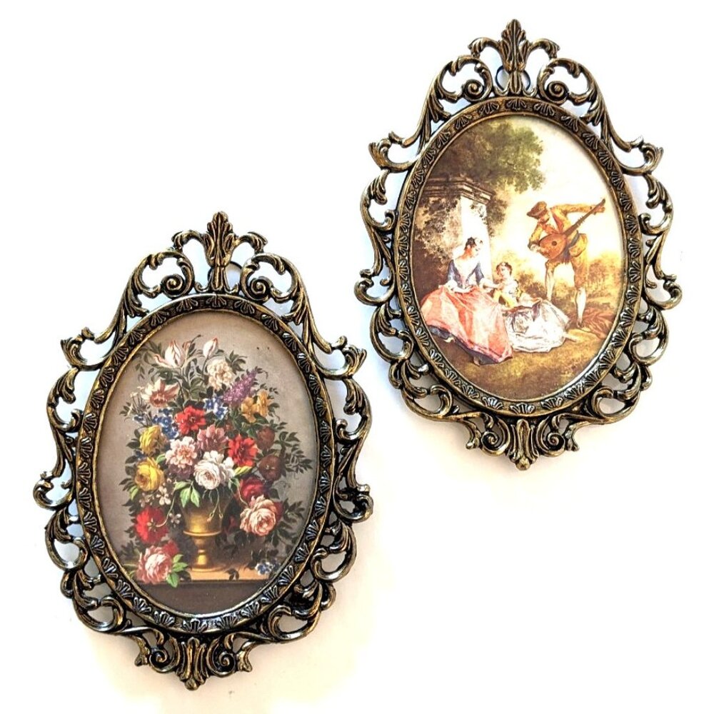 Lot Of 2 Vintage Ornate Framed Pictures Oval Brass Wall Hanging 6" Made In Italy
